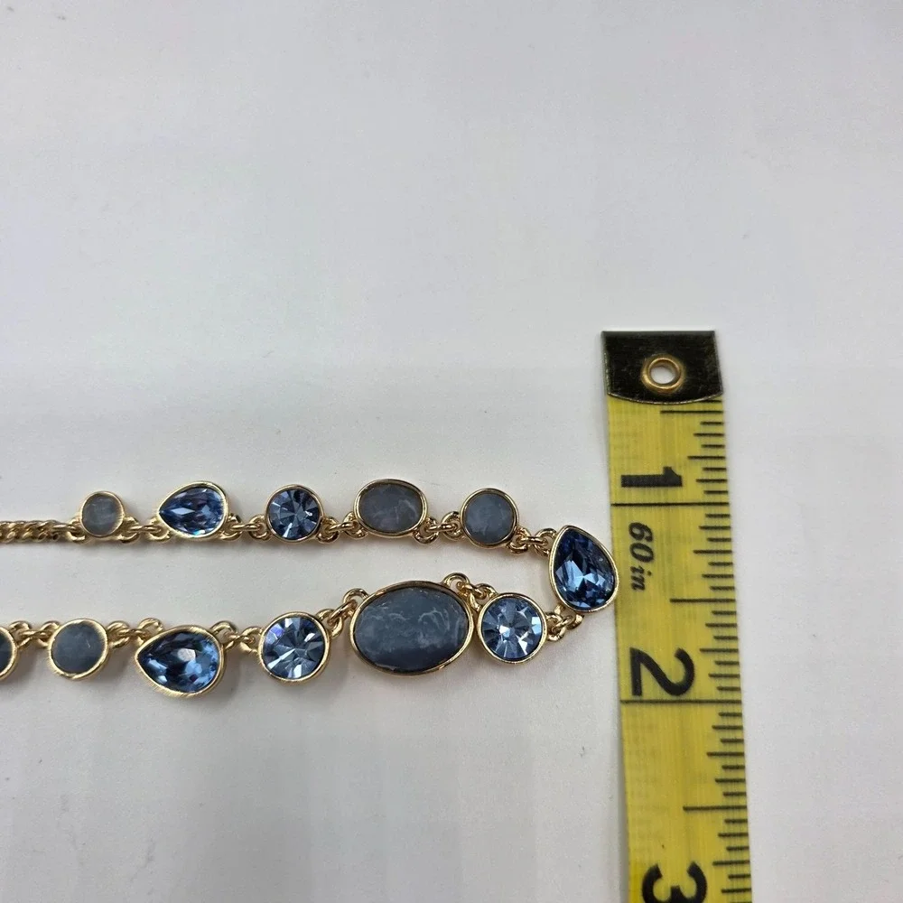 DKNY Gold Tone Blue Crystal Graduated Station‎ Necklace Choker Jewelry Used